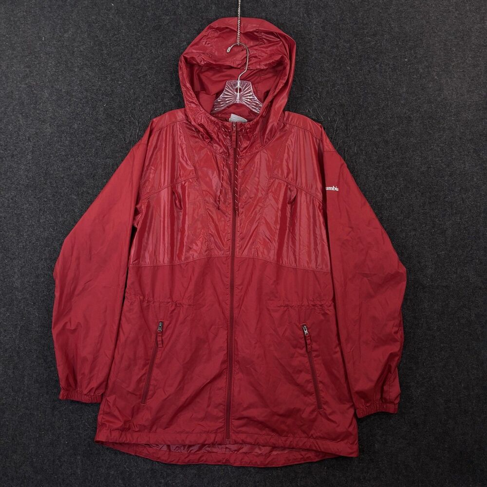 Columbia Windbreaker Jacket Women's Large Red Hooded Full Zip Lightweight Hiking